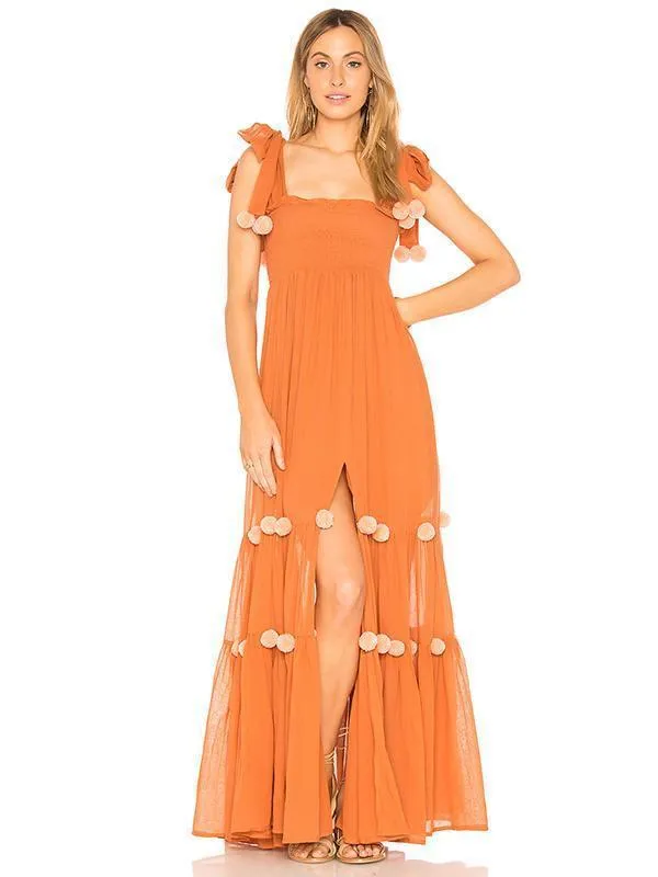 2018 Summer Boho Pompoms Split Beach Maxi Dress