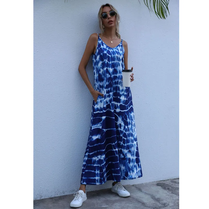2021 Spring and Summer New Tie-dye Gradient Pocket Dress Sling Dress