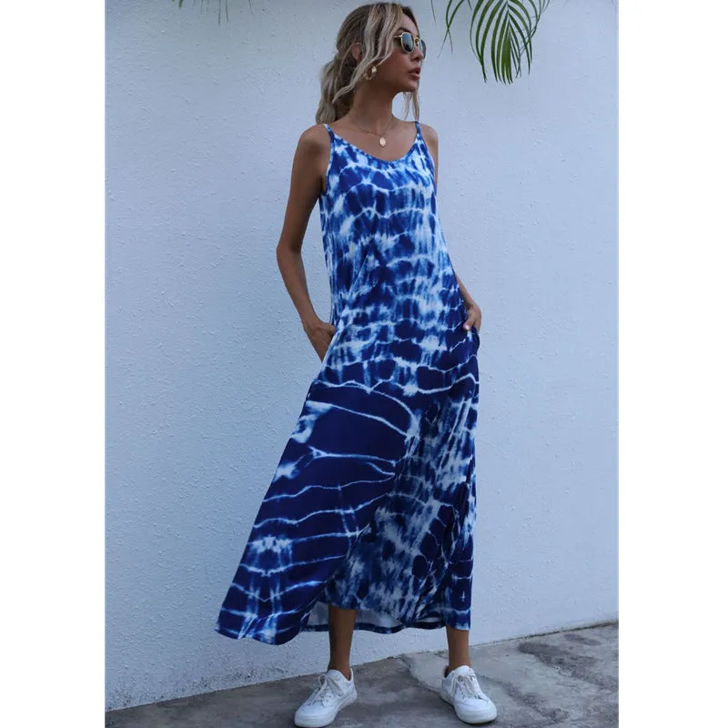 2021 Spring and Summer New Tie-dye Gradient Pocket Dress Sling Dress
