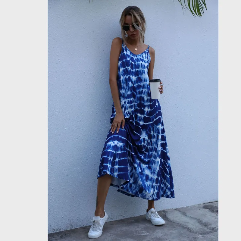 2021 Spring and Summer New Tie-dye Gradient Pocket Dress Sling Dress