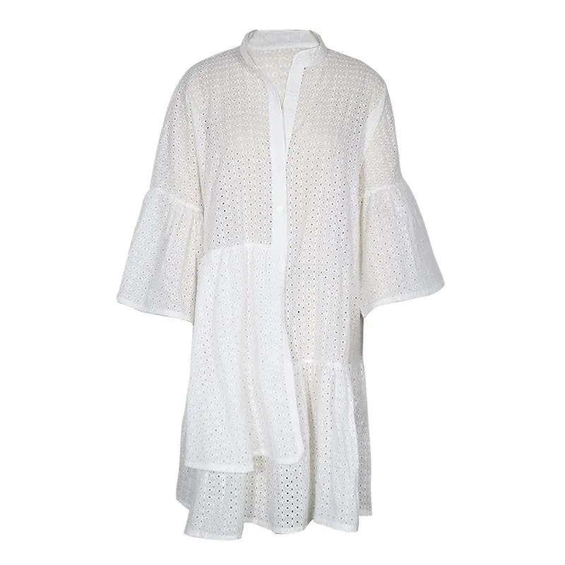 2021 Summer New Solid Color Stand Collar Irregular Large Size Straight Dress Female FC992