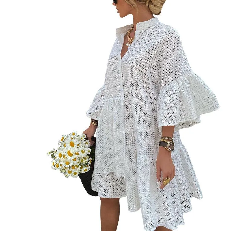2021 Summer New Solid Color Stand Collar Irregular Large Size Straight Dress Female FC992