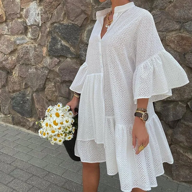 2021 Summer New Solid Color Stand Collar Irregular Large Size Straight Dress Female FC992