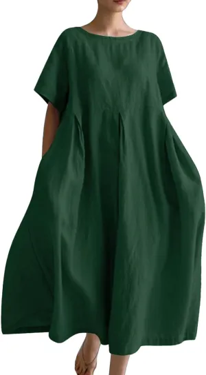 Akivide Women's Summer Flowy Cotton Linen Short Sleeve Maxi Dress Casual Plus Size Crewneck Beach Tshirt Dress with Pockets