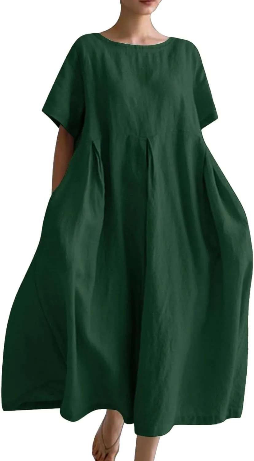 Akivide Women's Summer Flowy Cotton Linen Short Sleeve Maxi Dress Casual Plus Size Crewneck Beach Tshirt Dress with Pockets