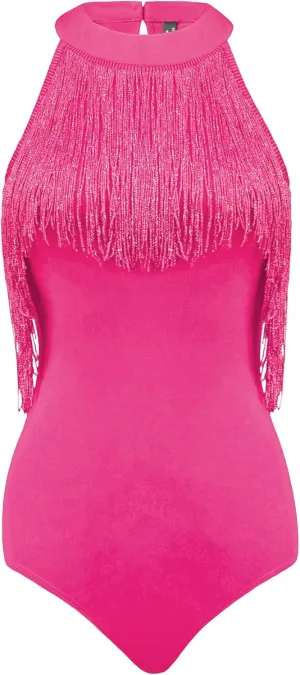 Allegra K Fringe Leotard for Women's Western Cowgirl Sleeveless Concert Halter Neck Bodysuit