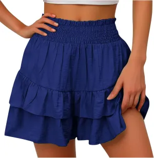 Bermuda Shorts for Women Summer Beach Cotton High Waist Ruffle Shorts Casual Layered Pleated Hem Workout Short Pants