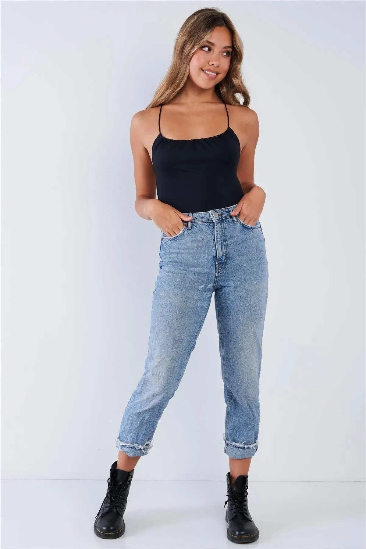 Black Open Back Criss Cross Stretchy Spandex Bodysuit