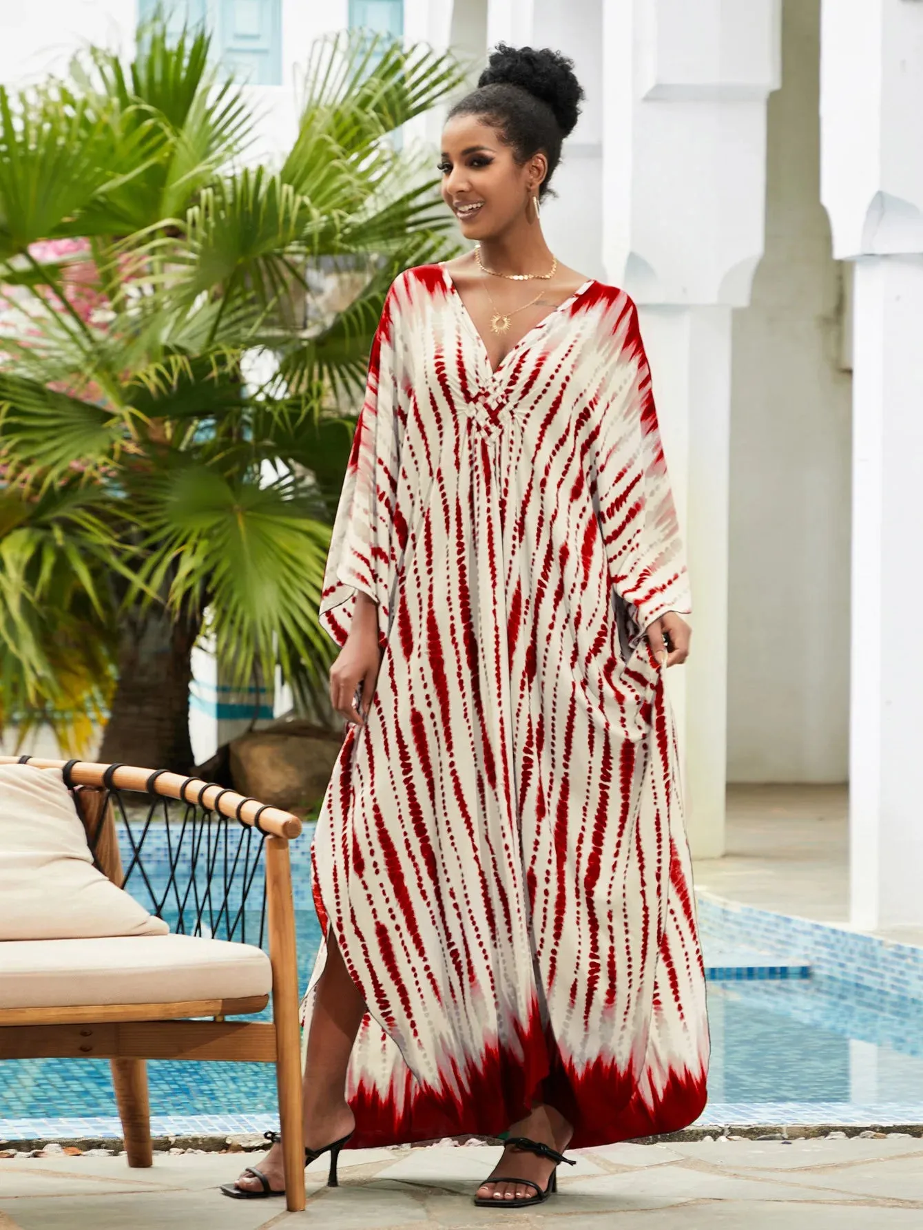 Boho Maxi Dress - Beach Dress, Kaftan Dress Vintage Embroidered in Danica Tie Dye Red