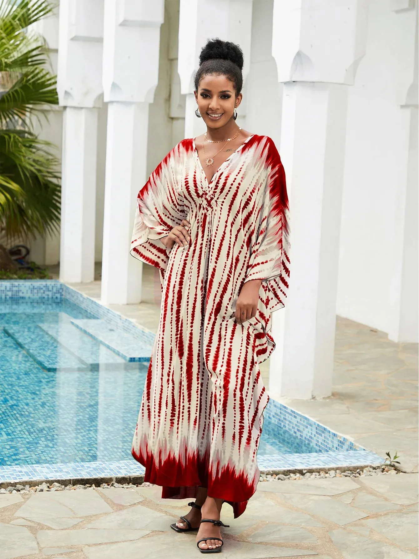Boho Maxi Dress - Beach Dress, Kaftan Dress Vintage Embroidered in Danica Tie Dye Red