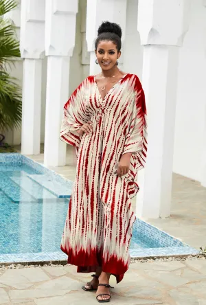 Boho Maxi Dress - Beach Dress, Kaftan Dress Vintage Embroidered in Danica Tie Dye Red