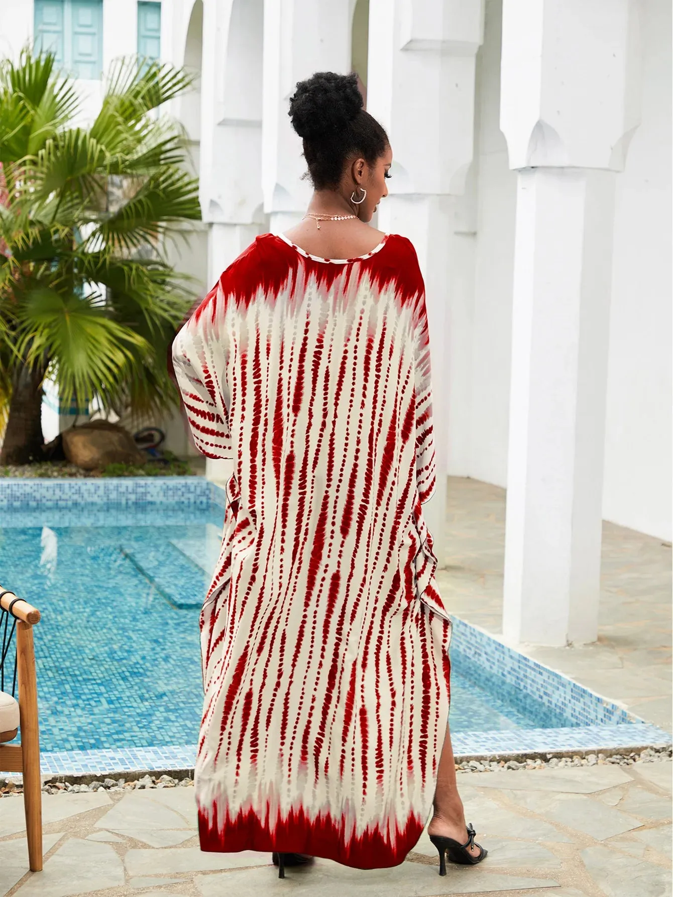 Boho Maxi Dress - Beach Dress, Kaftan Dress Vintage Embroidered in Danica Tie Dye Red