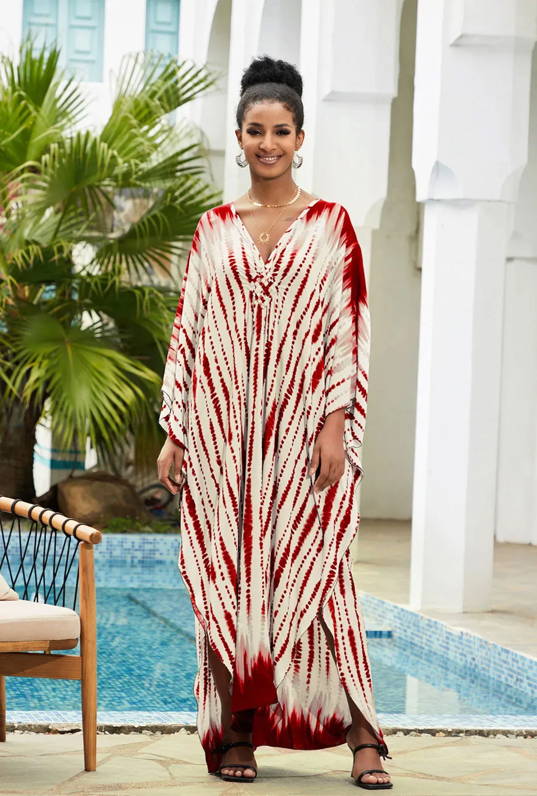 Boho Maxi Dress - Beach Dress, Kaftan Dress Vintage Embroidered in Danica Tie Dye Red