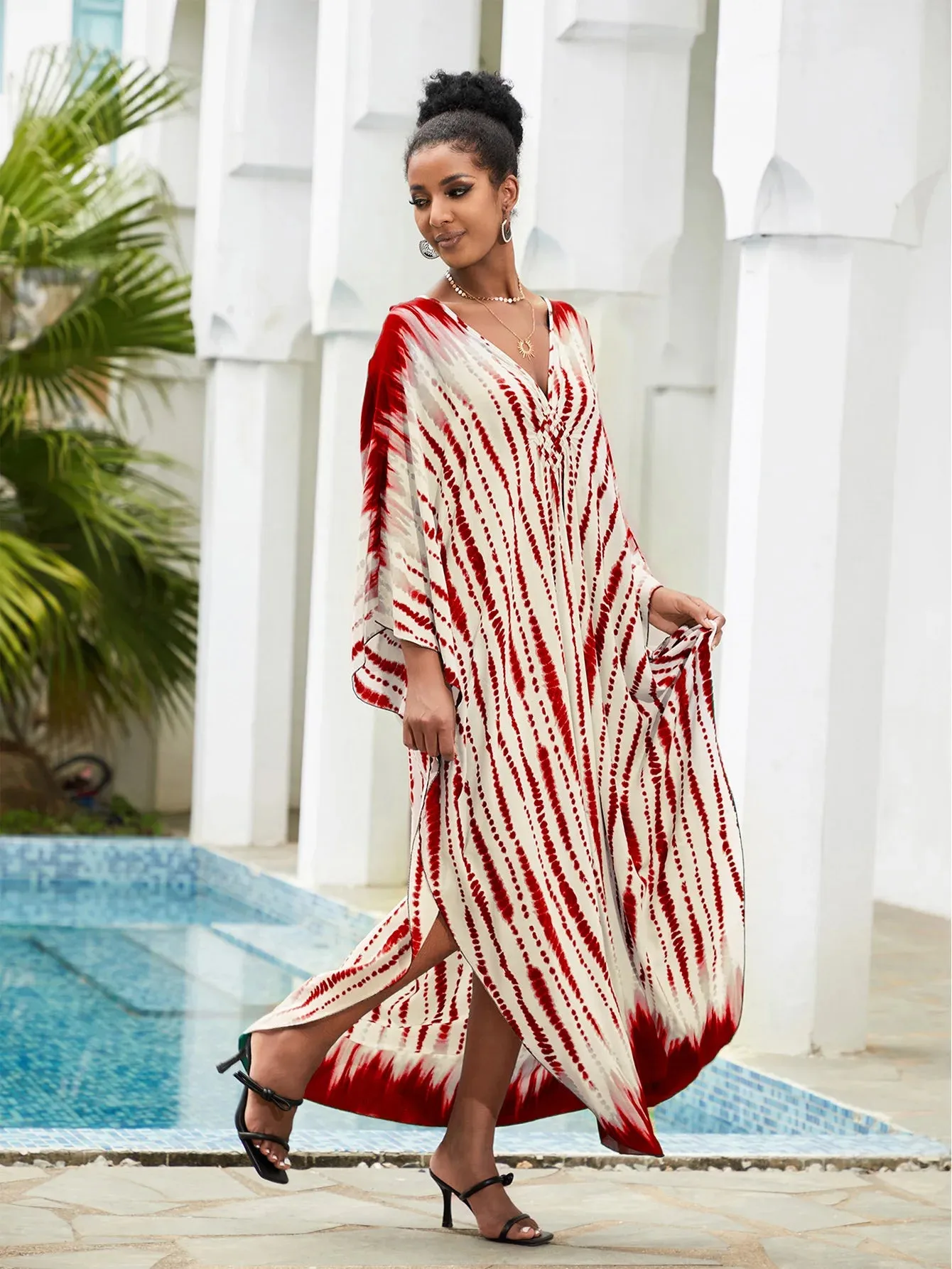 Boho Maxi Dress - Beach Dress, Kaftan Dress Vintage Embroidered in Danica Tie Dye Red