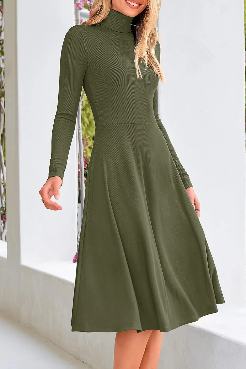 CFLONGE Women's Casual Ribbed Knit High Neck Dress Long Sleeve Fall Dress for Women 2025 Lightweight A Line Flare Dresses