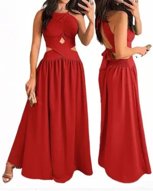 CHICME Women's Sleeveless Halter Neck Dress Criss Cross Tie Back Split High Maxi Dress