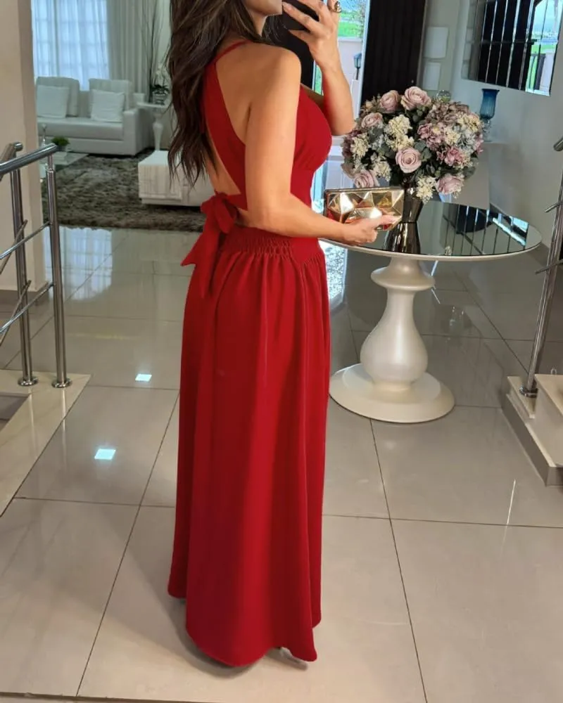 CHICME Women's Sleeveless Halter Neck Dress Criss Cross Tie Back Split High Maxi Dress