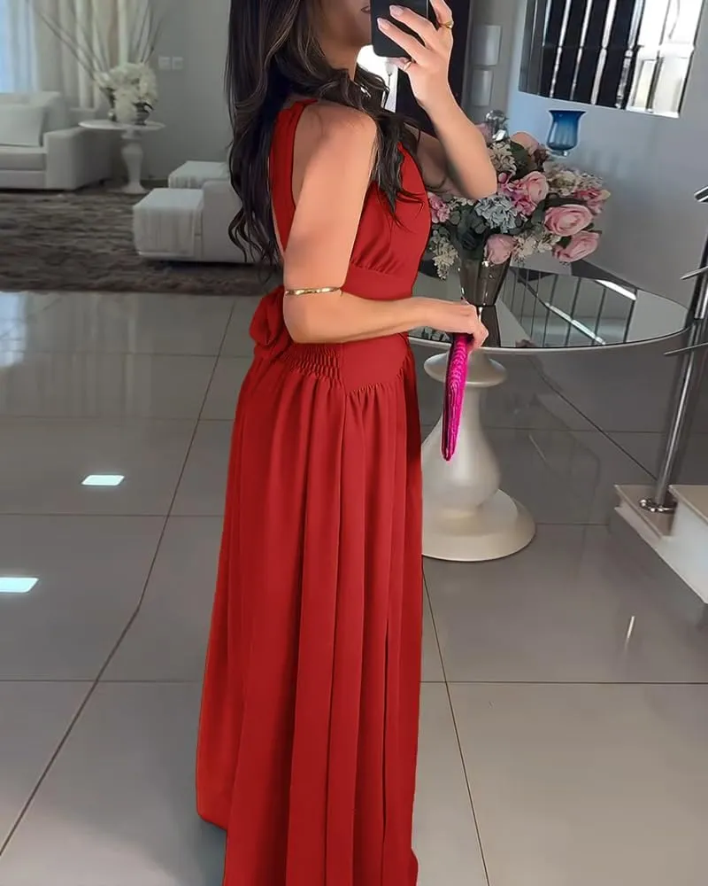 CHICME Women's Sleeveless Halter Neck Dress Criss Cross Tie Back Split High Maxi Dress