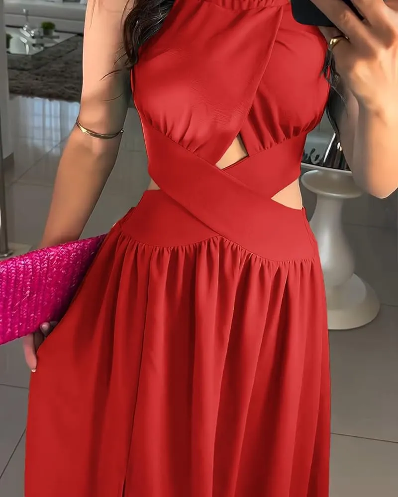 CHICME Women's Sleeveless Halter Neck Dress Criss Cross Tie Back Split High Maxi Dress