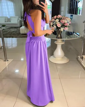 CHICME Women's Sleeveless Halter Neck Dress Criss Cross Tie Back Split High Maxi Dress