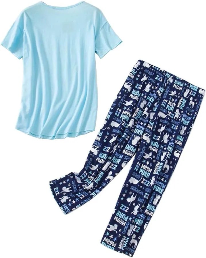 CHUNG Women Cotton Pajama Sets Sleepwear pjs Short Sleeve Shirt Capri Length Crop Pants Cute Vivid Print