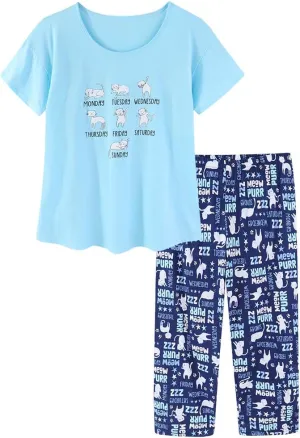 CHUNG Women Cotton Pajama Sets Sleepwear pjs Short Sleeve Shirt Capri Length Crop Pants Cute Vivid Print
