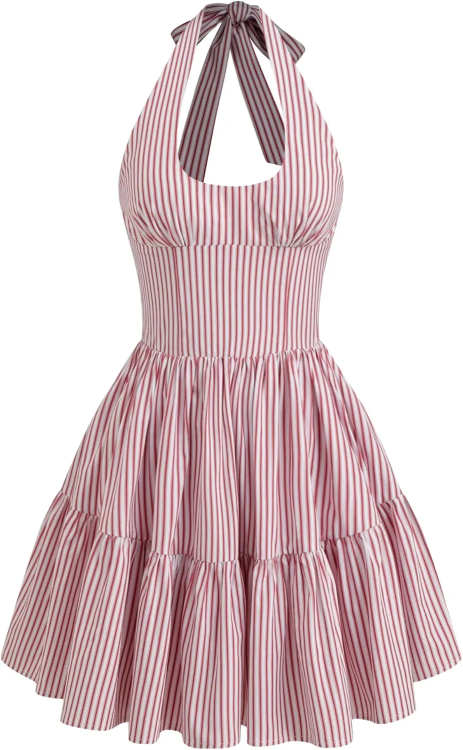 CIDER Women's Halter Mini Dress for Summer Striped Sleeveless Shirred Ruffle Dress Sexy Cute Vacation Outfits