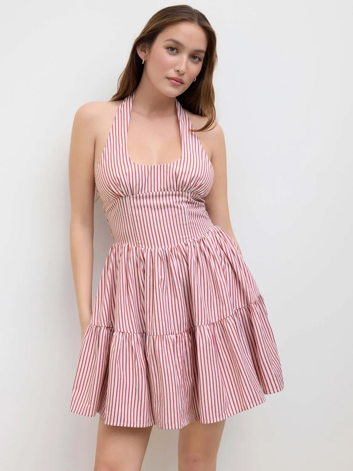 CIDER Women's Halter Mini Dress for Summer Striped Sleeveless Shirred Ruffle Dress Sexy Cute Vacation Outfits