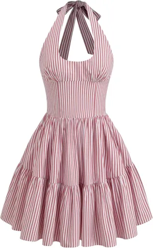 CIDER Women's Halter Mini Dress for Summer Striped Sleeveless Shirred Ruffle Dress Sexy Cute Vacation Outfits