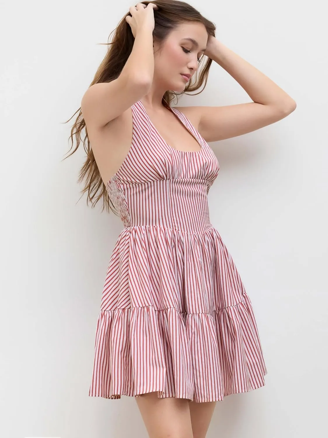 CIDER Women's Halter Mini Dress for Summer Striped Sleeveless Shirred Ruffle Dress Sexy Cute Vacation Outfits