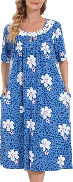 COSUNIONY Cotton Nightgowns for Women Soft Sleep Dress Ladies Short Sleeve Sleepwear with Pockets