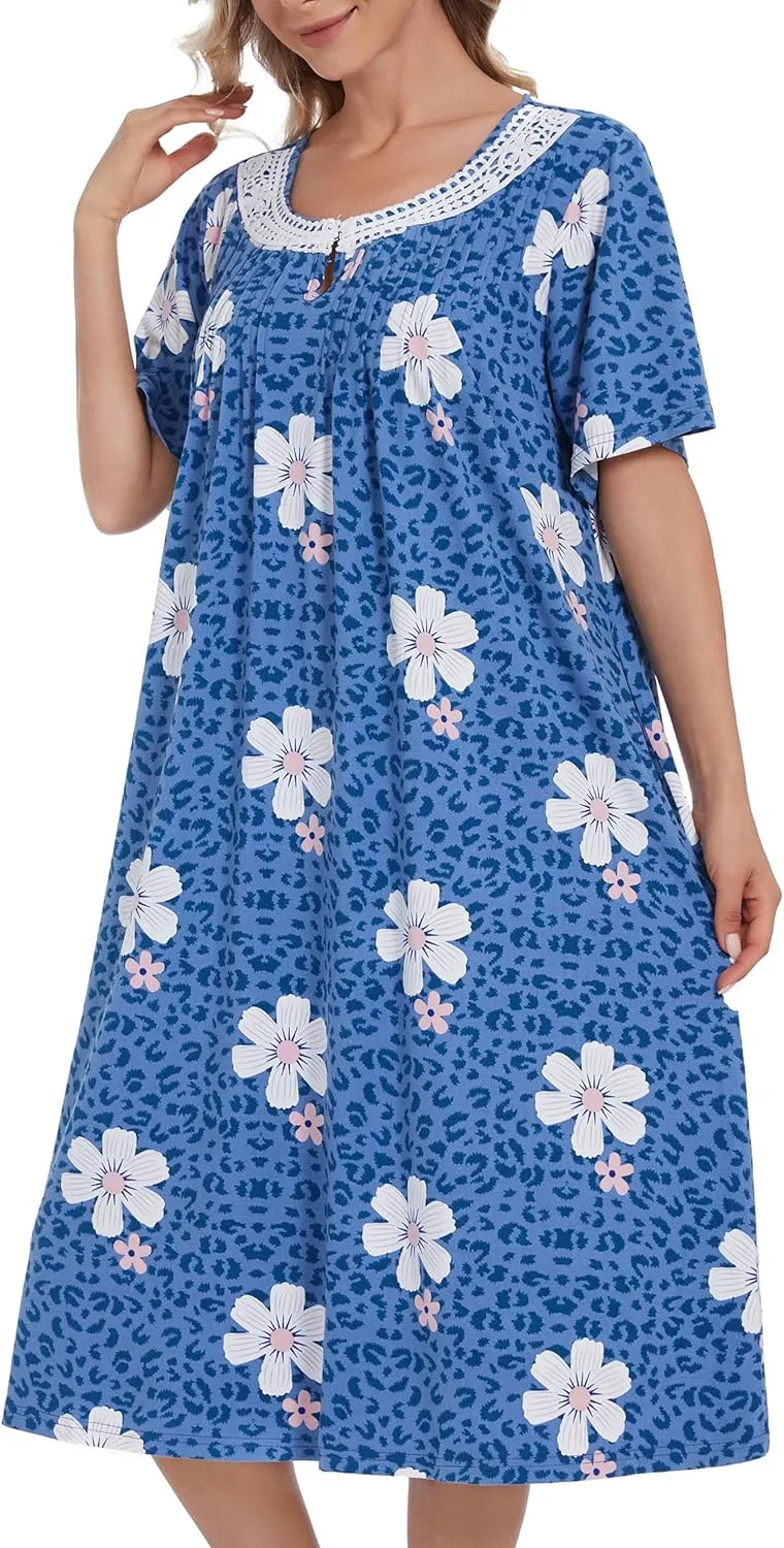 COSUNIONY Cotton Nightgowns for Women Soft Sleep Dress Ladies Short Sleeve Sleepwear with Pockets