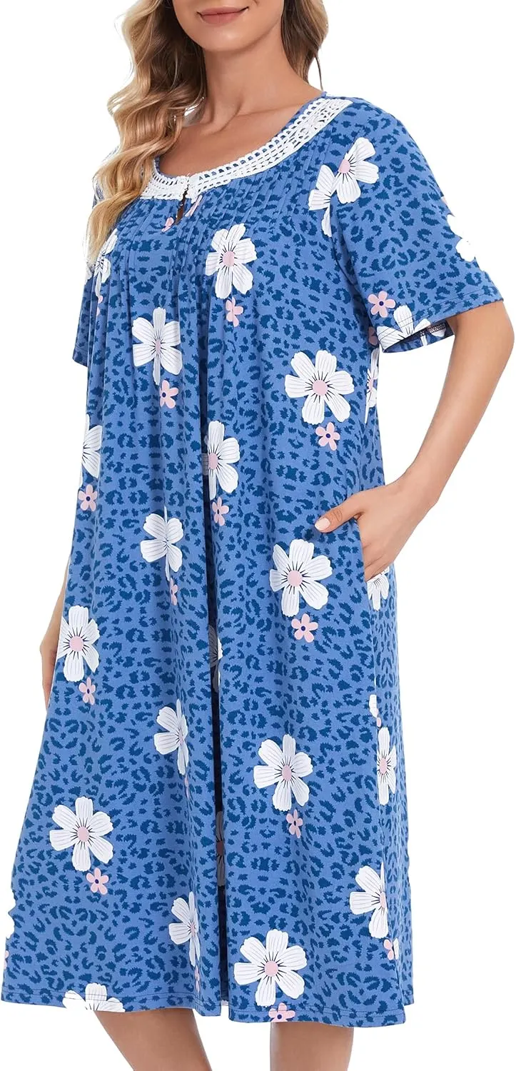 COSUNIONY Cotton Nightgowns for Women Soft Sleep Dress Ladies Short Sleeve Sleepwear with Pockets