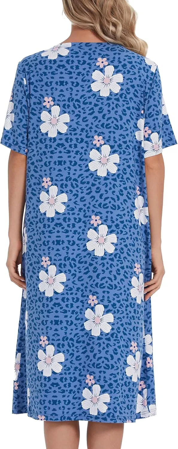 COSUNIONY Cotton Nightgowns for Women Soft Sleep Dress Ladies Short Sleeve Sleepwear with Pockets