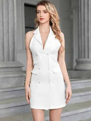 Double Breasted Flap Detail Halter Neck Backless Blazer Dress