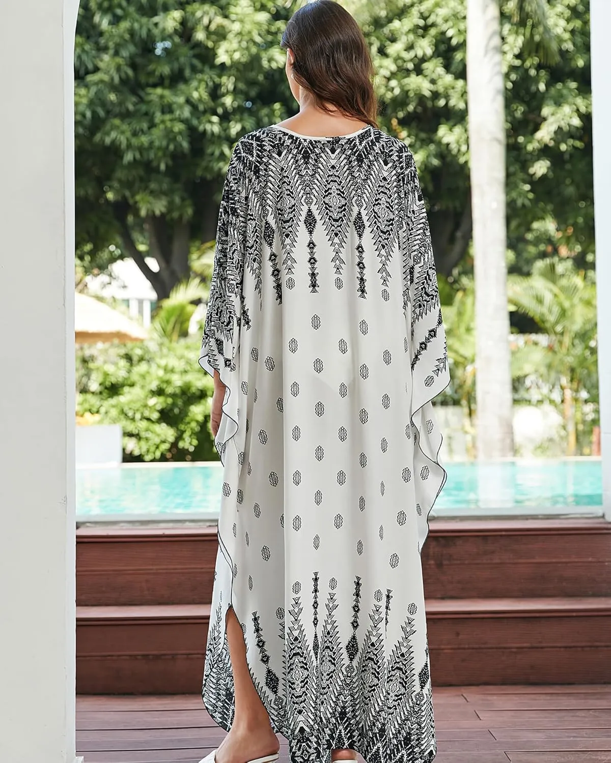 Eddoyee Women Animal Print Kaftan Dress Long Sleeve Beach Bathing Suit Cover Ups V-Neck Plus Size Caftan
