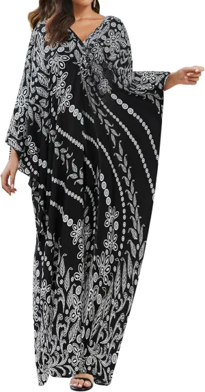 Eddoyee Women Animal Print Kaftan Dress Long Sleeve Beach Bathing Suit Cover Ups V-Neck Plus Size Caftan