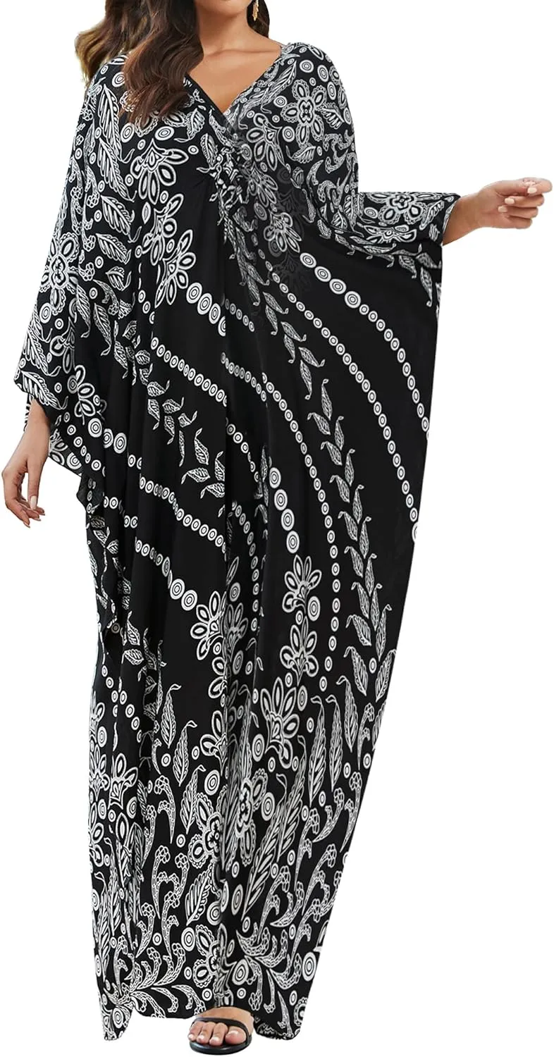 Eddoyee Women Animal Print Kaftan Dress Long Sleeve Beach Bathing Suit Cover Ups V-Neck Plus Size Caftan
