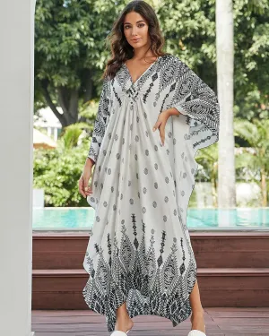 Eddoyee Women Animal Print Kaftan Dress Long Sleeve Beach Bathing Suit Cover Ups V-Neck Plus Size Caftan