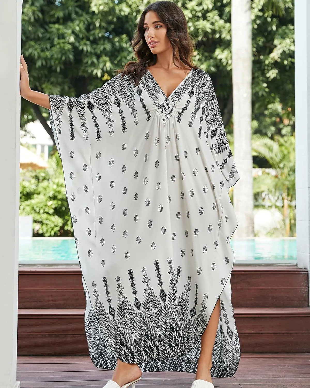 Eddoyee Women Animal Print Kaftan Dress Long Sleeve Beach Bathing Suit Cover Ups V-Neck Plus Size Caftan