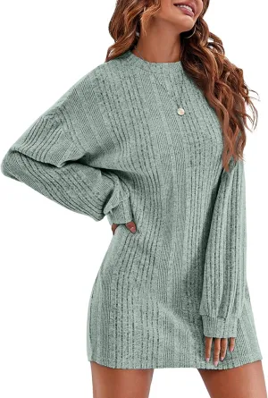 Ekouaer Women's Nightgown Long Sleeve Ribbed Knit Nightshirt Round Neck Sleep Shirt Soft Sweater Dress S-XXL