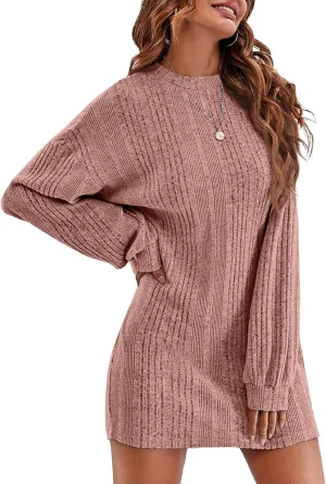 Ekouaer Women's Nightgown Long Sleeve Ribbed Knit Nightshirt Round Neck Sleep Shirt Soft Sweater Dress S-XXL