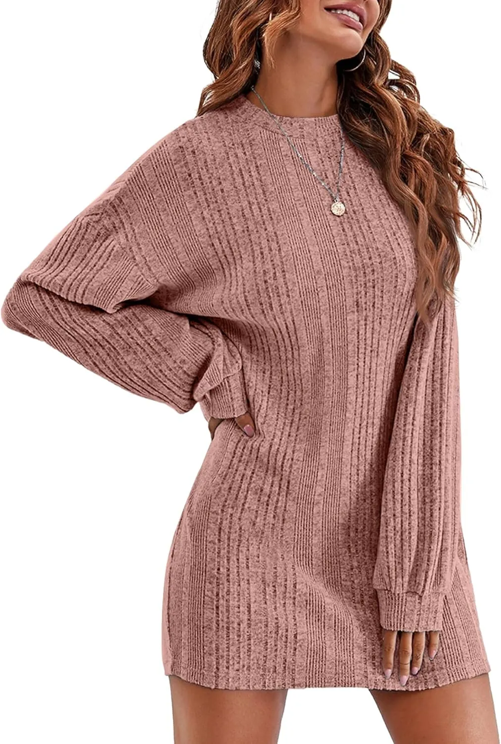 Ekouaer Women's Nightgown Long Sleeve Ribbed Knit Nightshirt Round Neck Sleep Shirt Soft Sweater Dress S-XXL