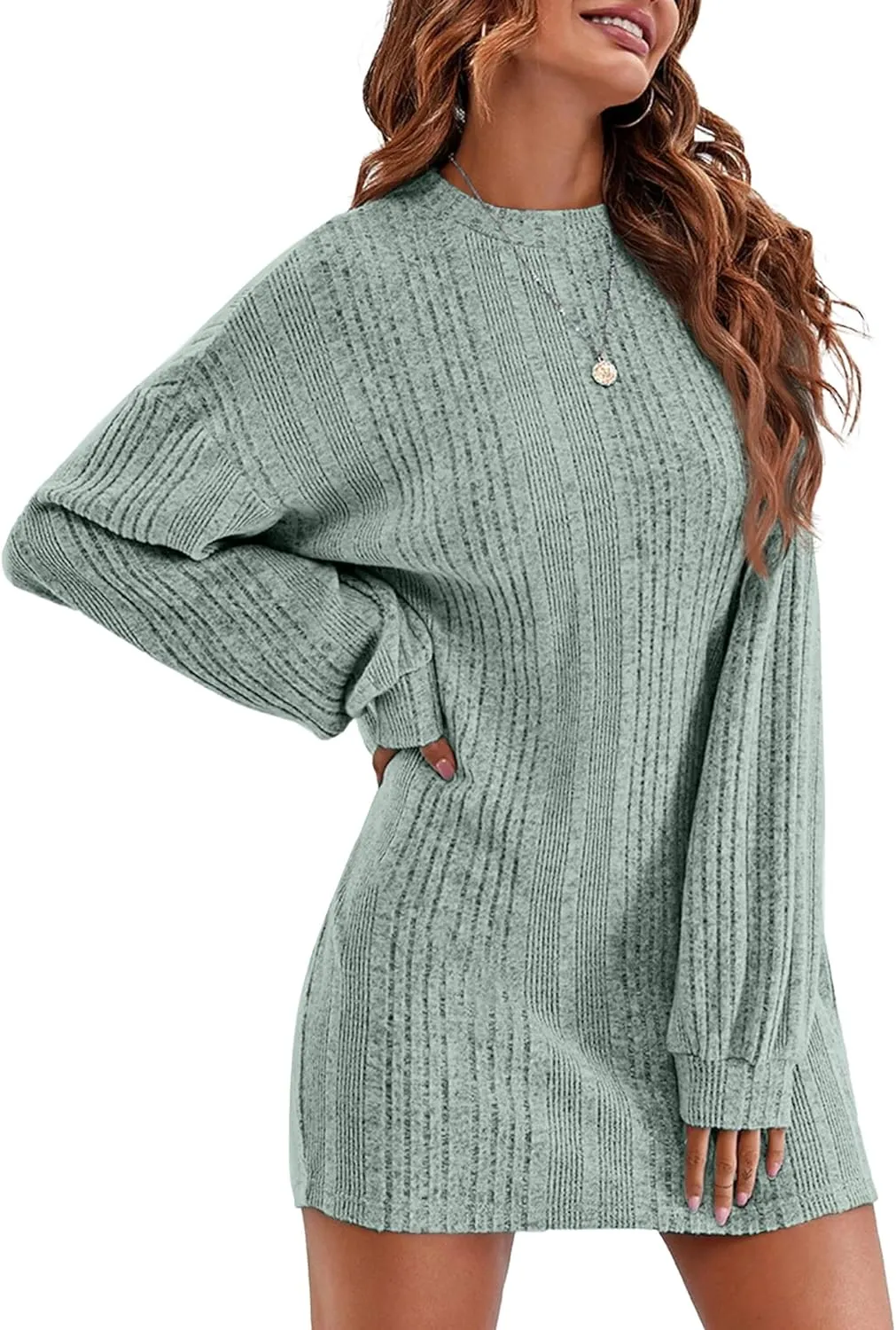 Ekouaer Women's Nightgown Long Sleeve Ribbed Knit Nightshirt Round Neck Sleep Shirt Soft Sweater Dress S-XXL