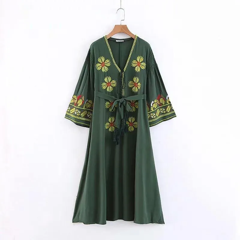 Embroidery V Neck Bohemia Maxi Dress