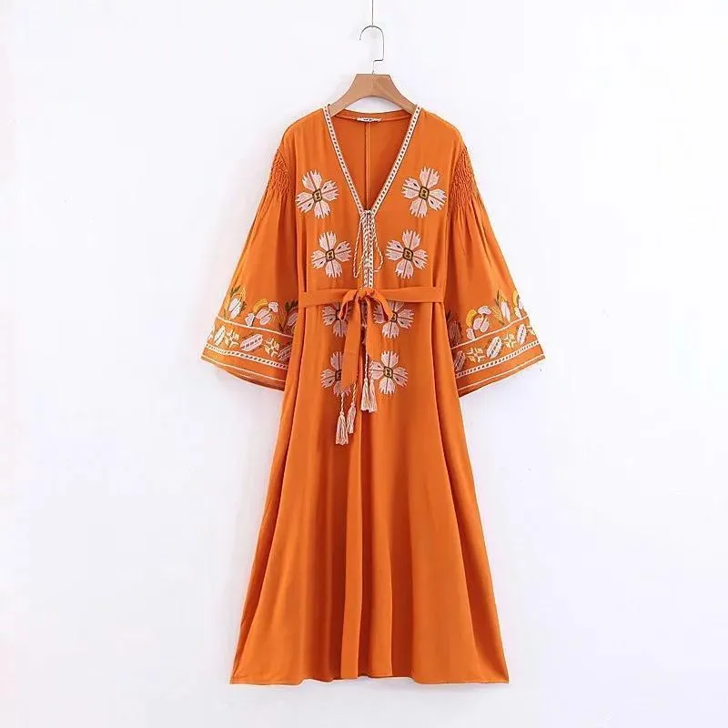 Embroidery V Neck Bohemia Maxi Dress