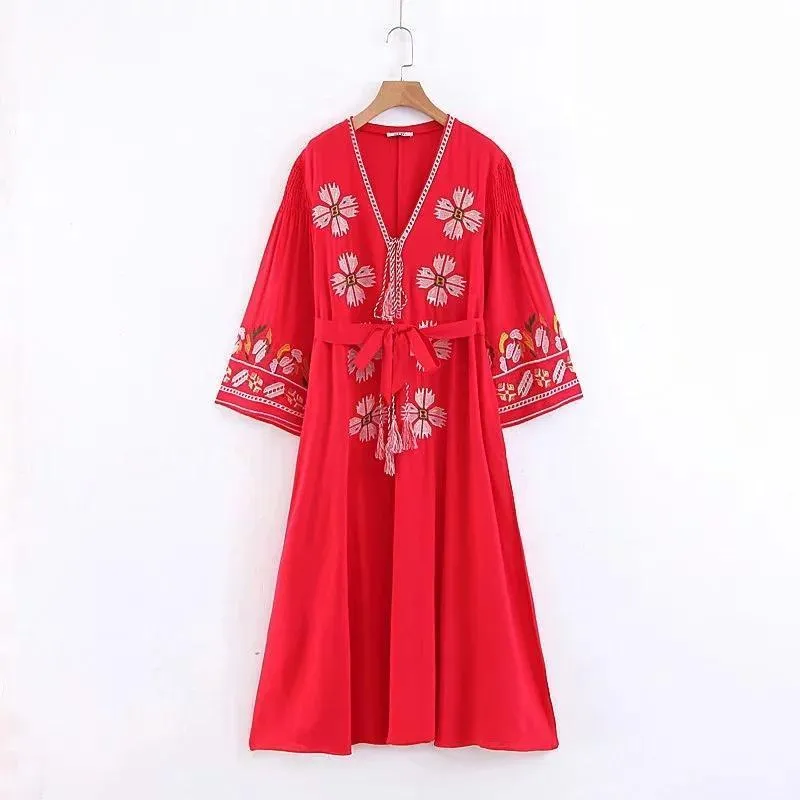 Embroidery V Neck Bohemia Maxi Dress