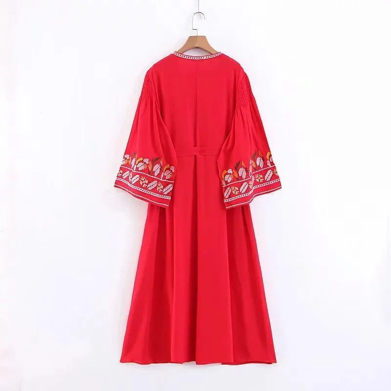 Embroidery V Neck Bohemia Maxi Dress