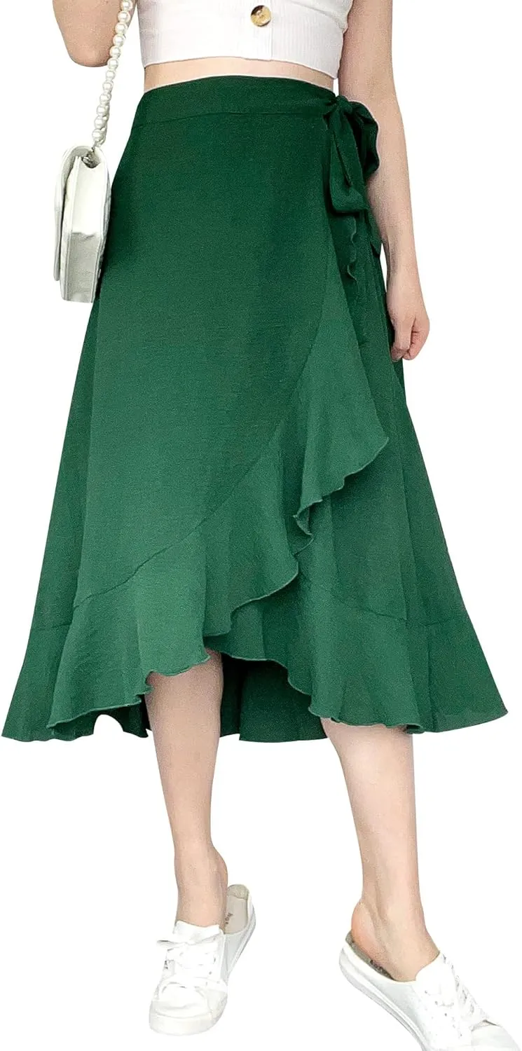 Ezcosplay Women Ruffle Wrap Skirt Tie Waist Boho High Low Asymmetrical Midi Beach Skirt