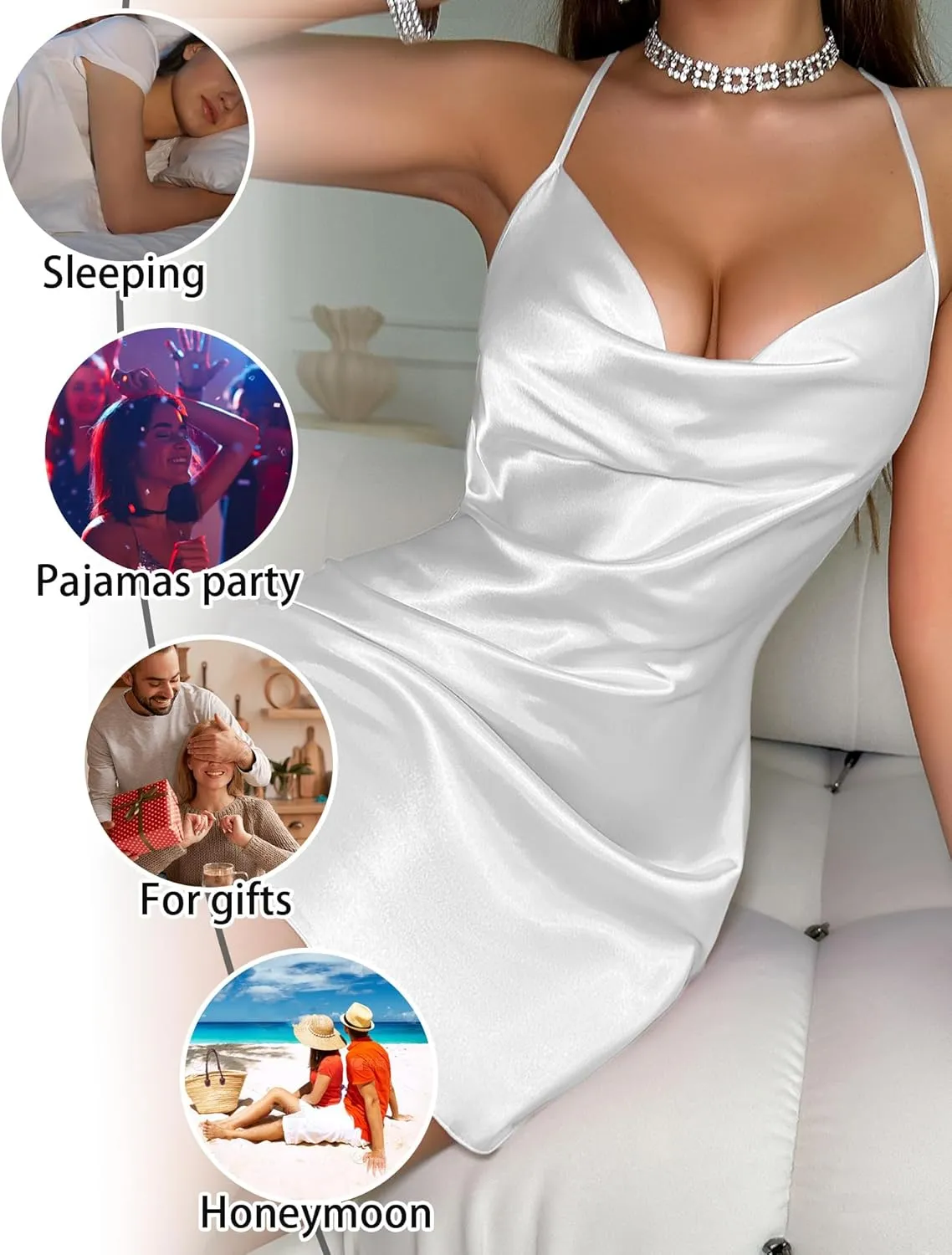 FEOYA Women Sexy Low Cut Cowl Neck Nightgown Criss Cross Back Sleeveless Satin Silky Full Slips Sleepdress Cocktail Dress